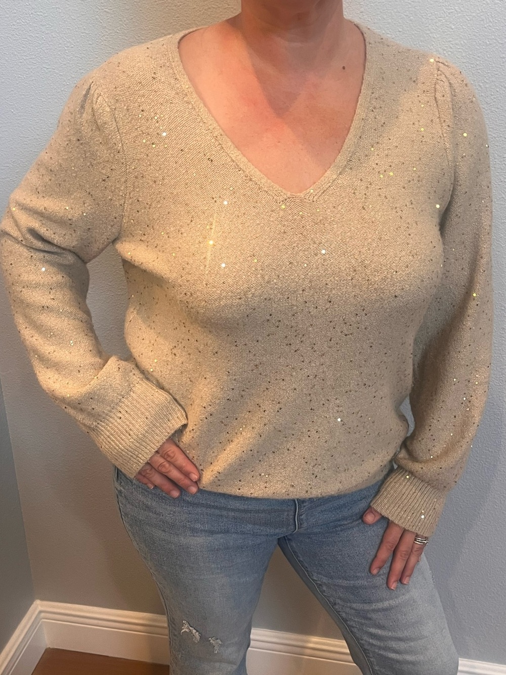 Loft V-Neck Gold Sequin Sweater - Size Large